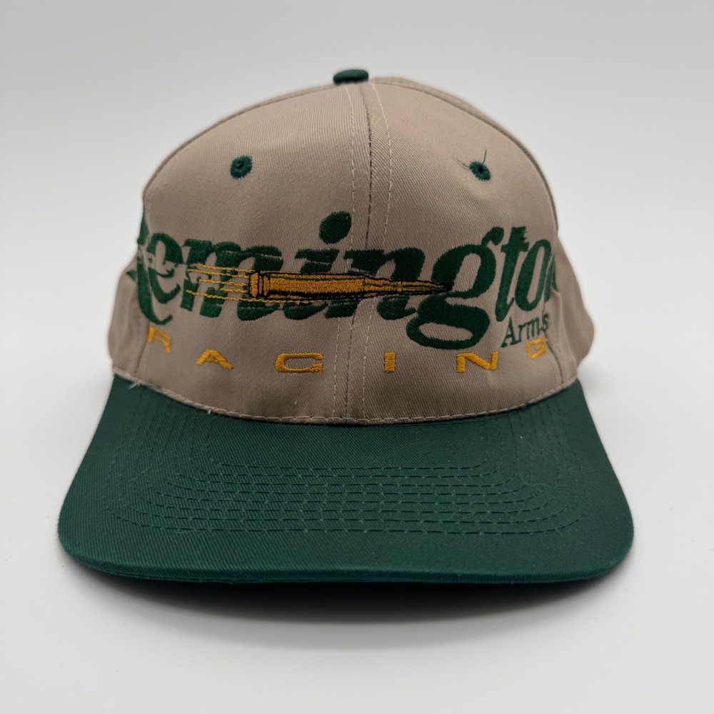 Vintage Remington Arms Racing Snapback Hat Cobra Caps Tan Green Two Tone Cap